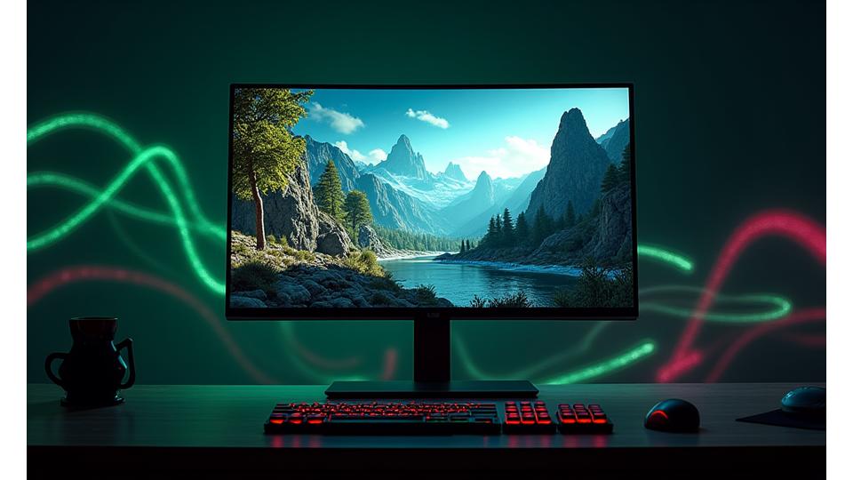 Yüksek hızlı fiber optik bağlantıyı temsil eden parlayan veri akışları ve bir oyunun 4K çözünürlükte akıcı bir şekilde çalıştığını gösteren monitör