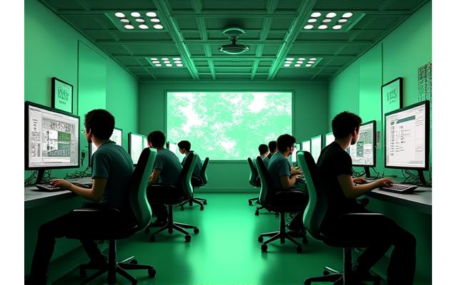 Modern bir kolejde oyun geliştirme dersinde öğrenciler bilgisayarlar başında kodlama ve 3D modelleme yapıyor.