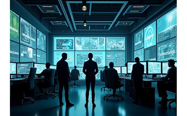 Büyük, modern bir oyun stüdyosu ofisinde, çok sayıda monitörde karmaşık 3D oyun tasarımları üzerinde çalışan profesyonel bir ekip.