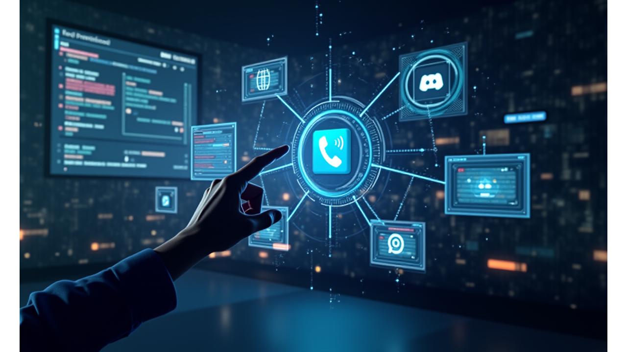 Monitörlerde canlı sohbet, sosyal medya arayüzleri ve telefonlar gösteren çok kanallı destek ekosistemi